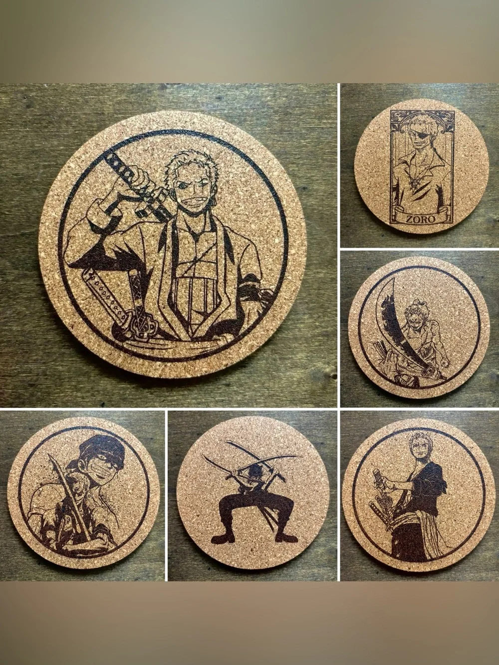 One Piece Zoro Laser Engraved Cork Coasters Lot of 6